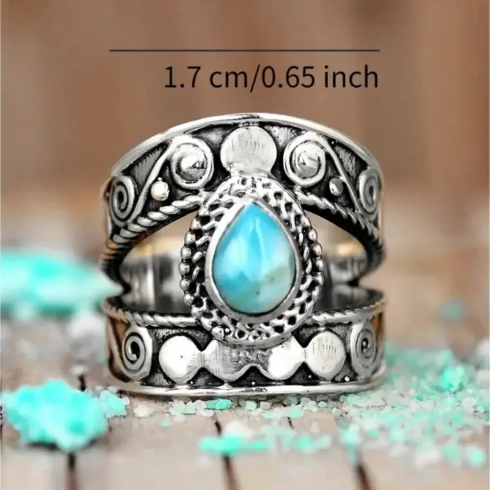 Vintage Style Chunky Band Ring Inlaid Turquoise Jewelry - Picture 8 of 11